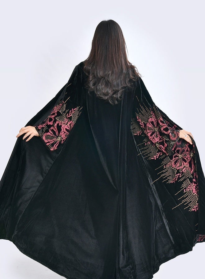 HAWRAA ABAYA Abaya crafted from soft black velvet fabric, featuring an elegant floral print in shades of red with subtle golden accents - Image 5